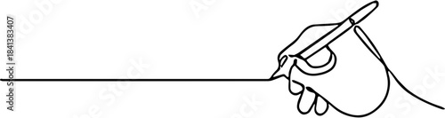 Continuous one-line drawing of a hand holding a pen or stylus and drawing a precise straight line.