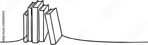 Continuous one-line drawing of a leaning stack of books or volumes.