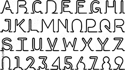 Continuous one-line drawing of the complete English alphabet (A-Z) and numbers (0-9).