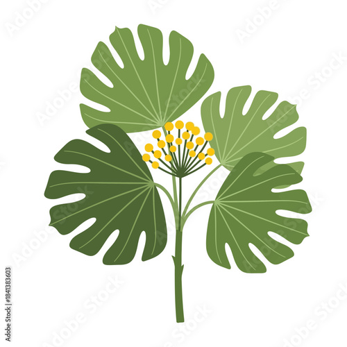 Stylized botanical illustration featuring vibrant green leaves and delicate yellow blossoms