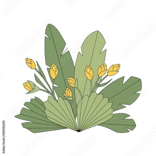 Stylized botanical illustration featuring vibrant yellow buds amidst layered foliage