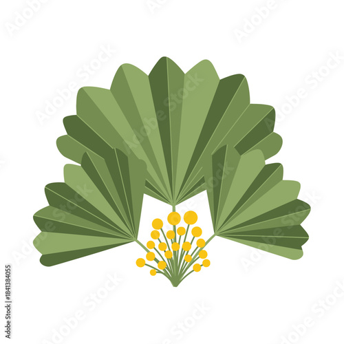 Stylized botanical composition featuring fan-shaped fronds and sunny spherical blooms illustration