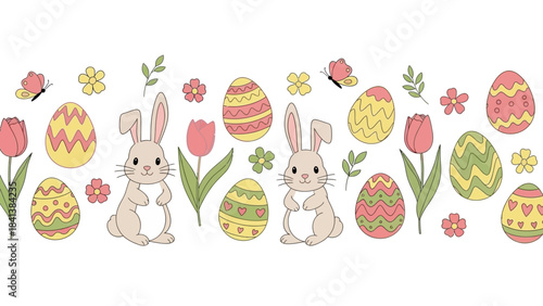A cute Easter border design featuring cartoon bunnies, decorated eggs, tulips, and butterflies on a white background.