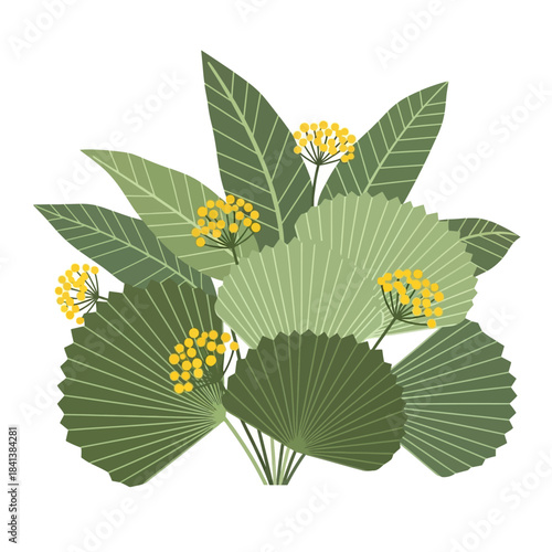 Stylized botanical illustration showcasing verdant foliage and cheerful yellow floral accents