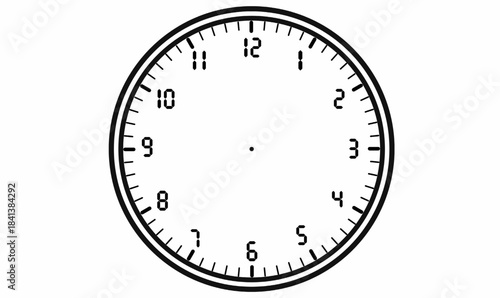 Analog clock face icon with number numerals 1–12, minute ticks.circle frame,blank and outline.for time symbols,design, schedule graphics, and education visuals. vector illustration isolated white
