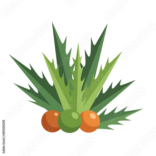 Stylized botanical illustration featuring a cluster of spiky leaves and round fruits for decoration