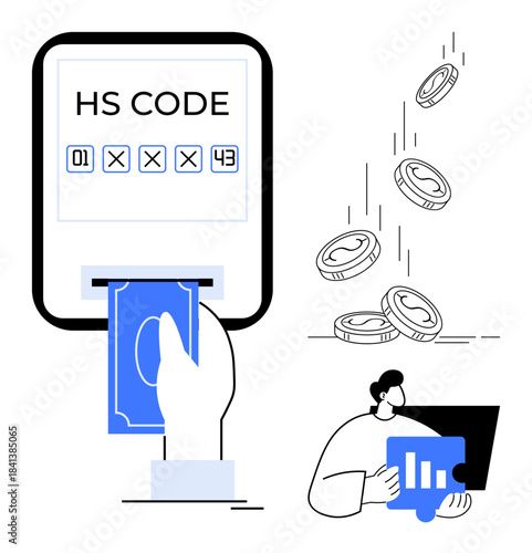 Financial management, e-commerce, trade compliance, data analytics, payment processing, coding systems. A hand inputs trade code with currency notes, coins falling and analytics chart. Financial