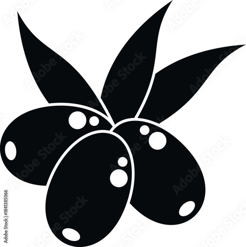 Black olive branch with leaves and fruits, a simple vector icon on a white background