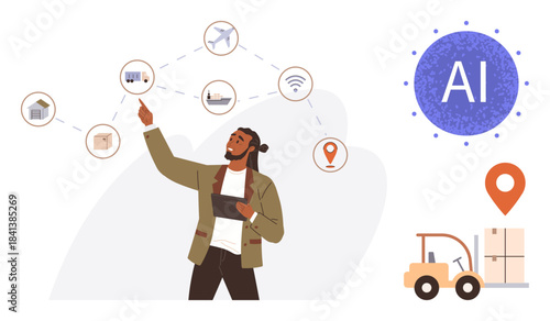 Person presenting interconnected AI-driven logistics ideas with transport, IoT, and warehouse icons. Ideal for technology, innovation, automation, logistics, supply chain, connectivity future