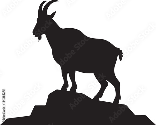 Black silhouette of a goat standing on a rocky surface white