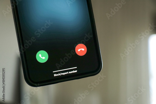 Accept and deny button on incoming call screen on phone. Caller mobile device conversation. 