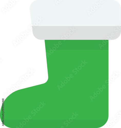 Green christmas stocking vector icon with white cuff on white background, suitable for holiday print, web, and festive product design.