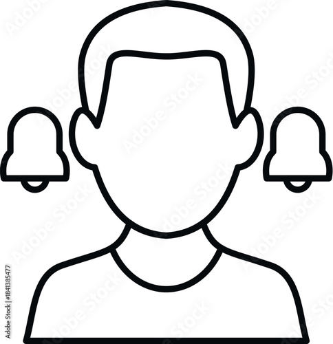 Person head outline with bells near ears symbolizing tinnitus or hearing issues