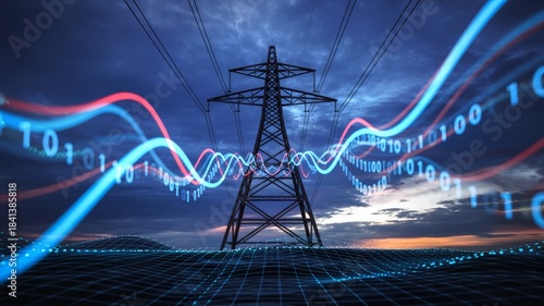 High voltage transmission tower with digital binary smart grid overlay
