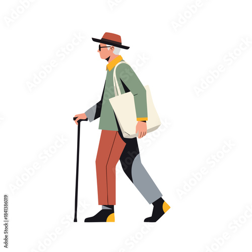 Stylish elderly person with a cane and tote bag walks confidently, embodying active aging and modern senior lifestyle.