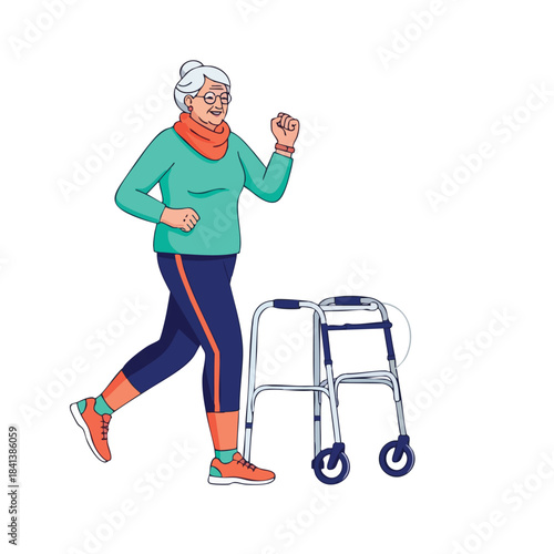 Active senior woman with walker jogging energetically, embracing a healthy and vibrant lifestyle in her golden years.