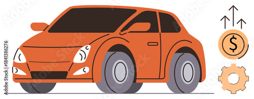Orange car surrounded by upward arrows, dollar coin, and gear. Ideal for automotive industry, finance, transportation, business growth, economy car trade innovation. Simple flat metaphor