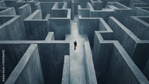 Man walking alone inside large concrete maze, symbolizing life choices, direction, business obstacles, stress, confusion, uncertainty, career decisions mental struggle search for solutions and clarity