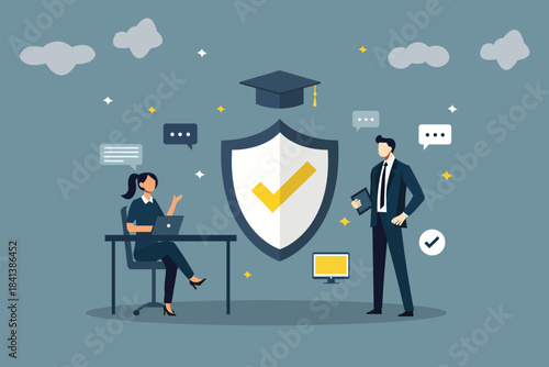 Business People with Shield and Graduation Cap: Education Insurance and Student Loan Protection Concept