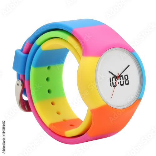 Rainbow striped silicone digital watch on black background