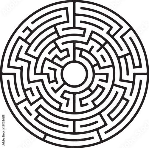 Black circular maze on white background Keywords: maze, labyrinth, puzzle, circular, round