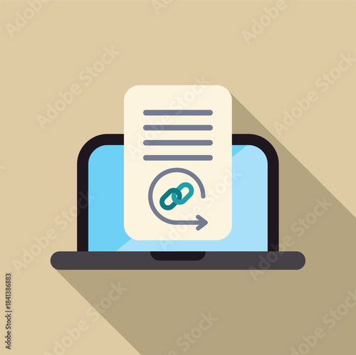 Laptop displaying document with link symbol and refresh arrow