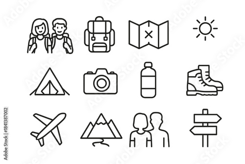 Travel Icons Collection. Young couple traveling with backpacks. Line outline icon set of young couple