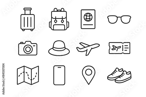 Travel Gear Icons. Travel equipment. Line outline icon set of travel equipment: suitcase, backpack, passport,