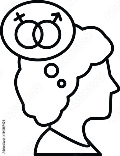Person's head silhouette with a thought bubble containing male and female sex symbols