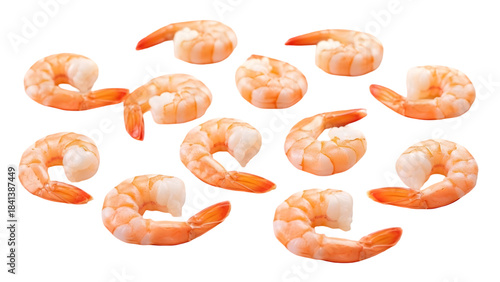 Fototapeta Naklejka Na Ścianę i Meble -  Assortment of cooked shrimp pieces various angles studio lighting isolated on transparent background