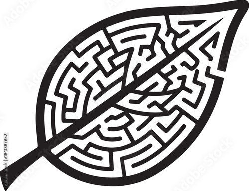 Leaf shaped maze on a white background Keywords: leaf, maze, labyrinth, puzzle, nature, green