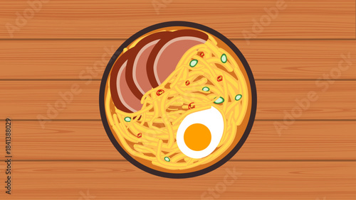 Delicious bowl of ramen noodle soup with sliced pork, egg, and garnishes, served on a wooden table background, culinary delight