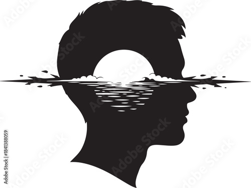 Silhouette of a man's head with a sunset over water inside Keywords: head silhouette, man