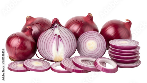 Variety of red onions whole halved and sliced isolated on transparent background