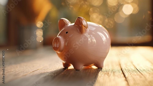 Micro saving routine inspires mindful coin saving with warm light pink ceramic piggy bank, wooden table budget finance money cozy hopeful atmosphere