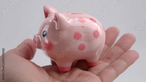 Micro saving routine tiny pink piggy bank held palm symbolizing gentle saving habit and cheerful financial progress with piggy bank coin jar money