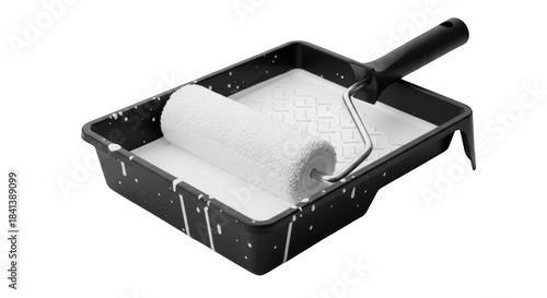 White paint roller in black paint tray with white splatters