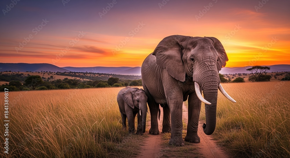 Obraz premium Mother elephant with baby calf walking on dirt path through golden grassland at sunset. Colorful sky with orange and purple hues. Perfect for wildlife, nature, and conservation themes.