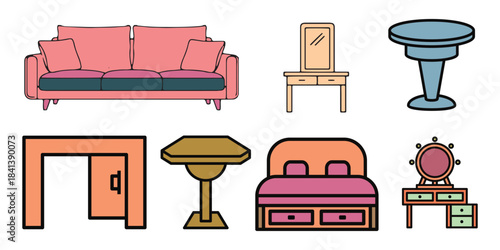Collection of home and furniture line icons . Line icons furniture on transparent background with editable stroke. 