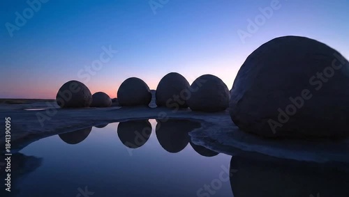 Giant spherical stone concretions reflecting in calm water on a desert plain during vibrant twilight