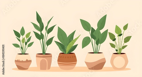 indoor plant pot vector illustration set, botanical greenery in pots artwork, decorative houseplants vector graphics, modern interior plant illustration, potted greenery home decor art, green foliage 