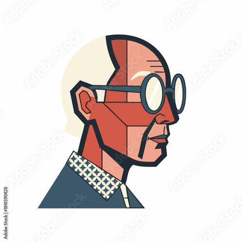 A striking geometric illustration portrays the profile of an older man with round glasses, embodying wisdom and creative thought in a modern, abstract style.