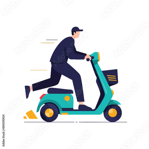 A man in a cap swiftly rides a modern teal scooter, dynamically illustrating efficient urban transportation, rapid delivery services, and contemporary city mobility.