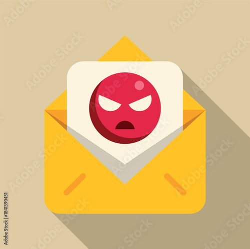 Yellow open envelope revealing a document with an angry red face emoji, symbolizing negative digital communication