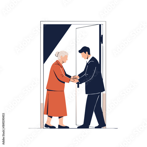 A compassionate young man offers a warm welcome and support to an elderly woman, gently holding her hands in a doorway, symbolizing care and assistance.