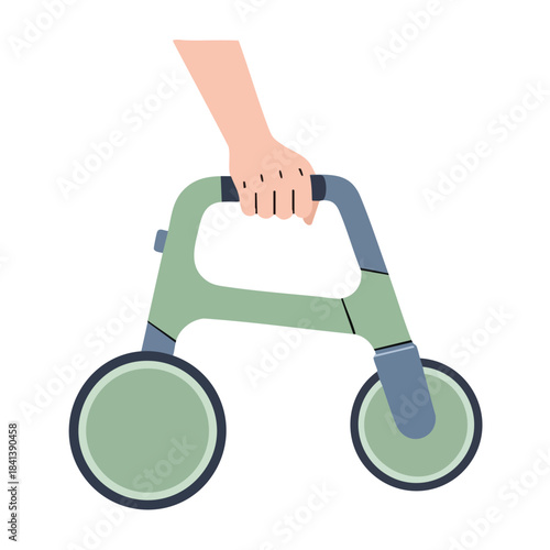 A human hand firmly grips a modern, green wheeled rollator, symbolizing essential mobility assistance and independence for individuals seeking support in their daily lives.