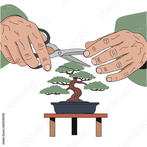 Hands carefully trim a miniature bonsai tree with scissors, showcasing meticulous horticultural artistry and patience.