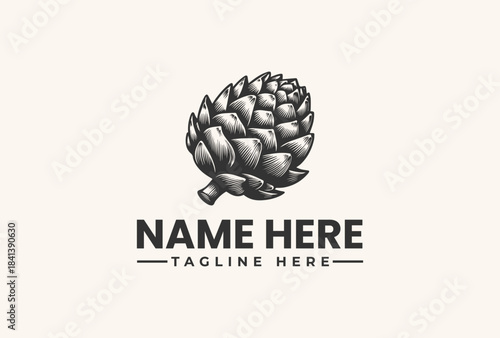 Black and white illustration of an artichoke logo with placeholder text on a beige background, featuring a vector design.