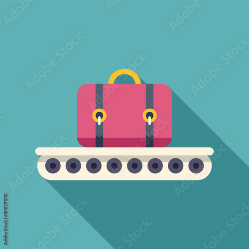 Luggage case moving along baggage claim carousel system in flat illustration style