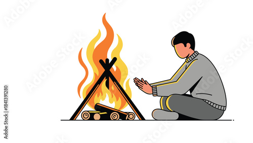 Man sitting by a campfire on a chilly evening outdoors in a serene natural setting with warm flames rising